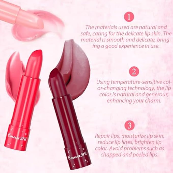 CmaaDu 3 PCS COLOR CHANGING TINTED LIP BALM, PEACH, STRAWBERRY, CHERRY, MOISTURIZING, ESSENCE LIP GLOSS, LONG LASTING COLOR CHANGE, LIGHT PINK LIPSTICK LIP TINT GLOSS FOR WOMEN - Image 4